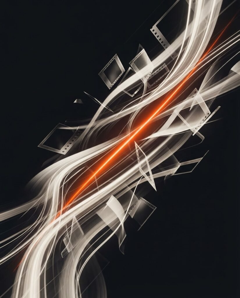 Abstract cinematic visual representing AI video creation, in ink black, off-white and orange
