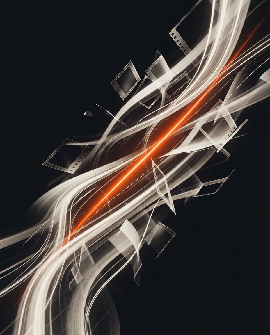 Abstract cinematic visual representing AI video creation, in ink black, off-white and orange