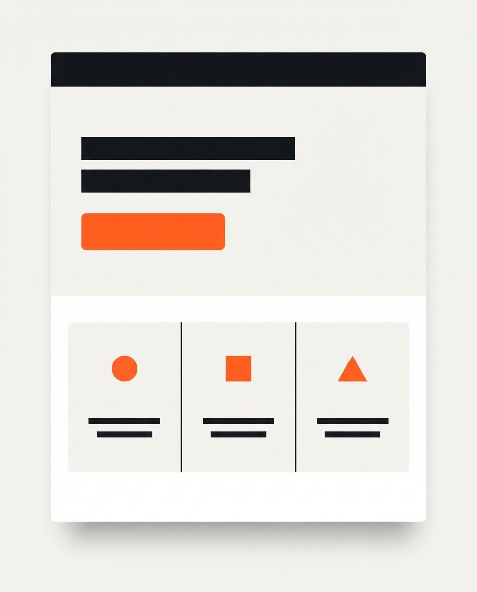 Abstract geometric website homepage mockup in ink black, off-white and orange